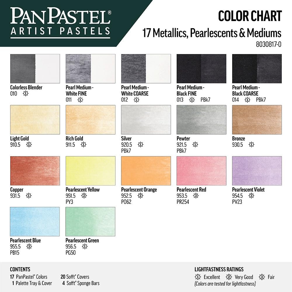 PanPastel Artist Pastels by GOLDEN, Metallics, Pearlescents & Mediums Set, 17 Color, Professional Artist Pastels, Unique Pan Format (cake-like)