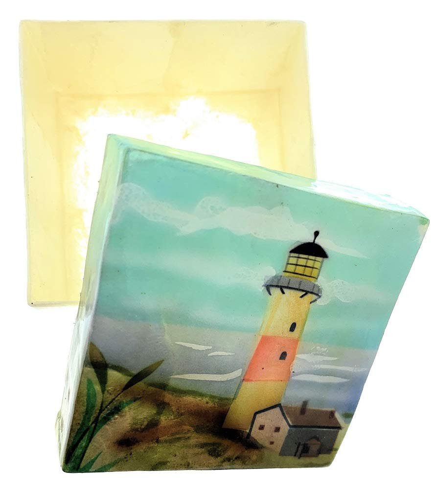Kubla Craft Red and White Lighthouse Capiz Shell Keepsake Box, 3 Inches Square