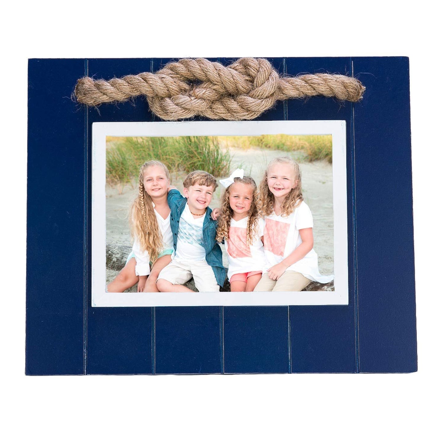 Beachcombers Navy Picture Photo Frame 5"X7" with Jute Rope Accent Wood Coastal Nautical Home Decor Decoration for Tabletop Display Wall Blue