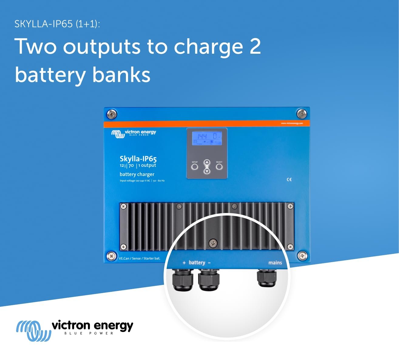 Victron Energy Skylla-IP65 12-Volt 70 amp 120-240VAC Battery Charger, 1+1 Isolated Outputs