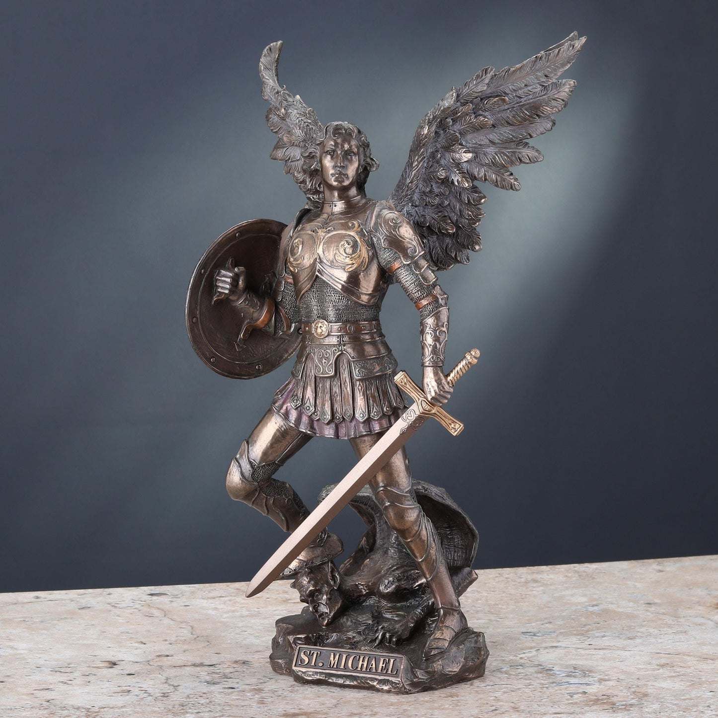 Unicorn Studio 12 7/8 Inch Archangel Saint Michael Cold Cast Resin Bronze Finish Sculpture Religious Gift Home Decor Statue