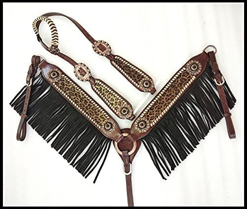 Showman Leather Headstall & Breast Collar Set w/Cheetah Print & Fringe