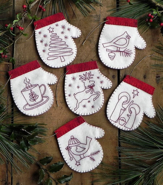 Redwork Mittens Ornament Kit | DIY Christmas Ornaments | Christmas Ornament Craft Kit by Rachel's of Greenfield | Instructions and Materials Included | 4" x 4.5"
