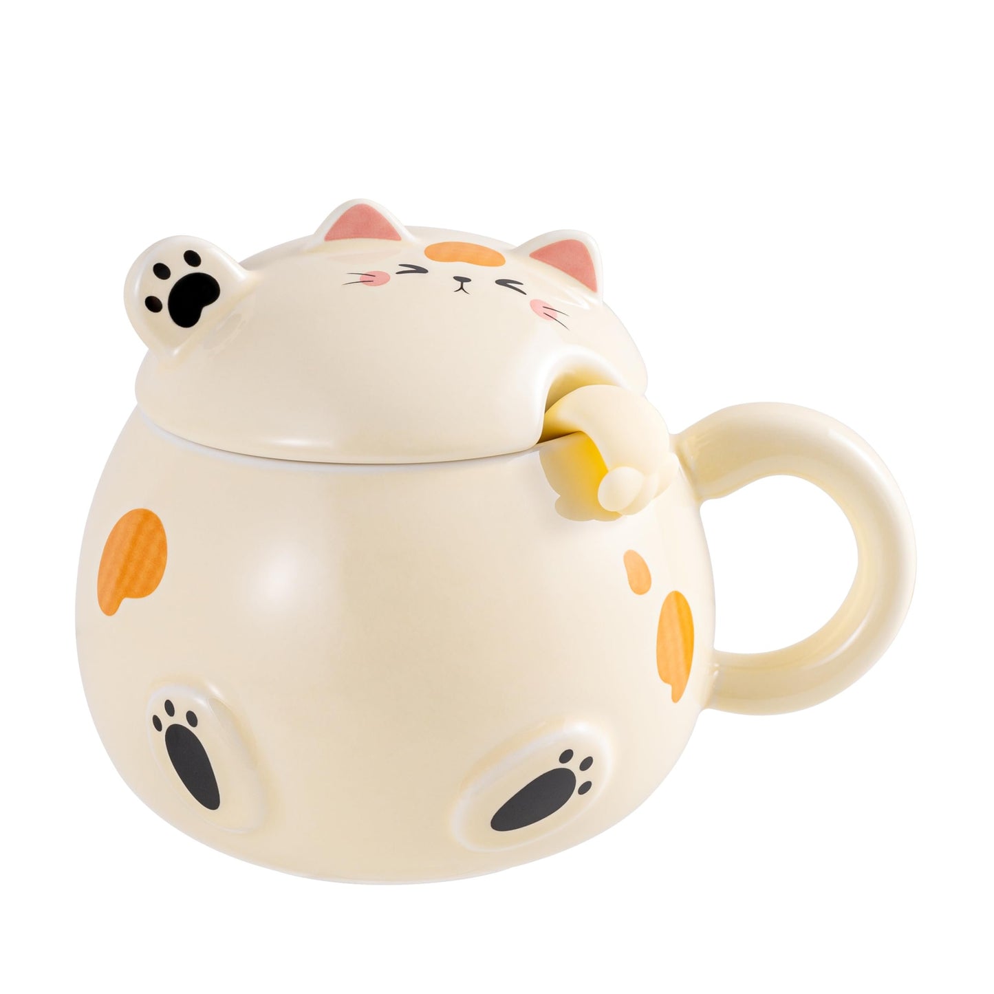 Urban Tokyo Whimsical Cat Mug Adorable Coffee Mug Ceramic Cup Novelty Mug with Lid and Stainless Steel Spoon 15 fl oz Lovely Kitten Neko