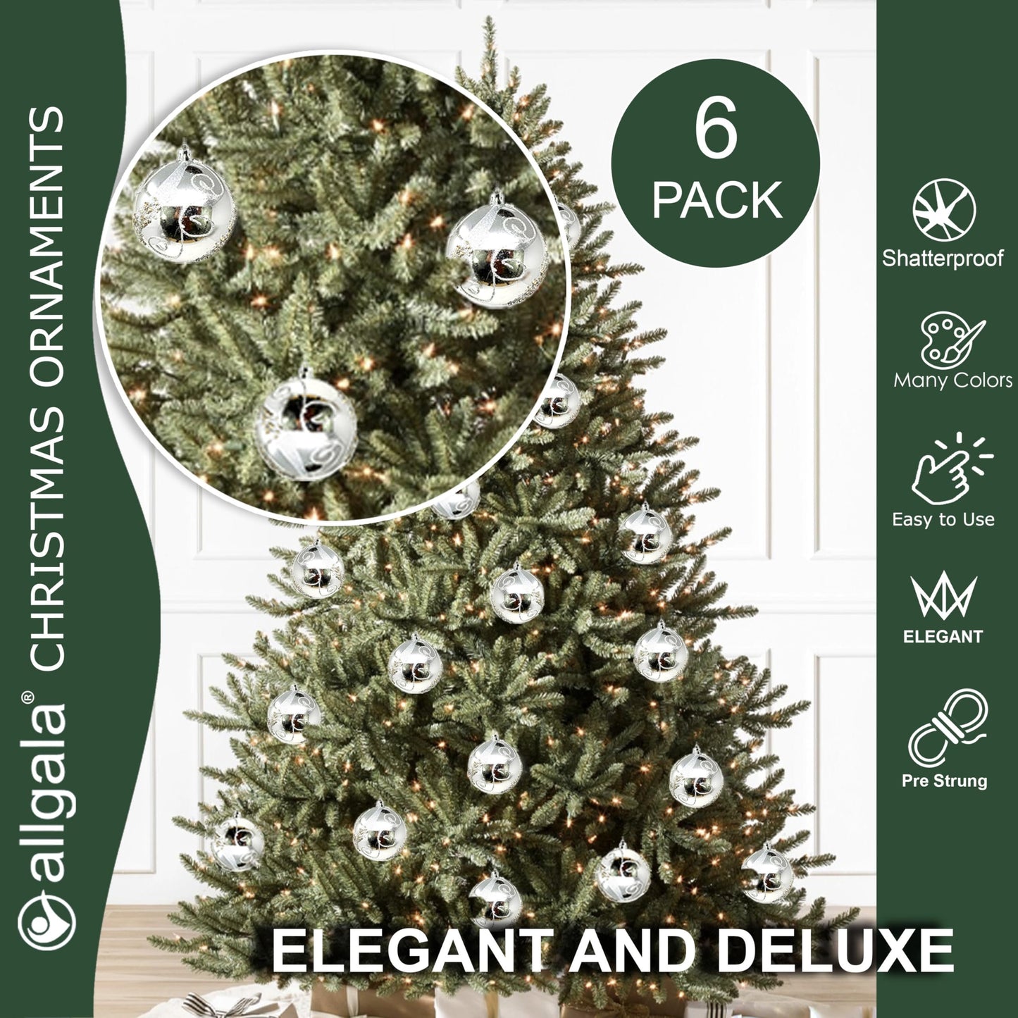 allgala 6-PK 3 Inch Luxury Glitter Rich Decoration Christmas Tree Ornament Balls
