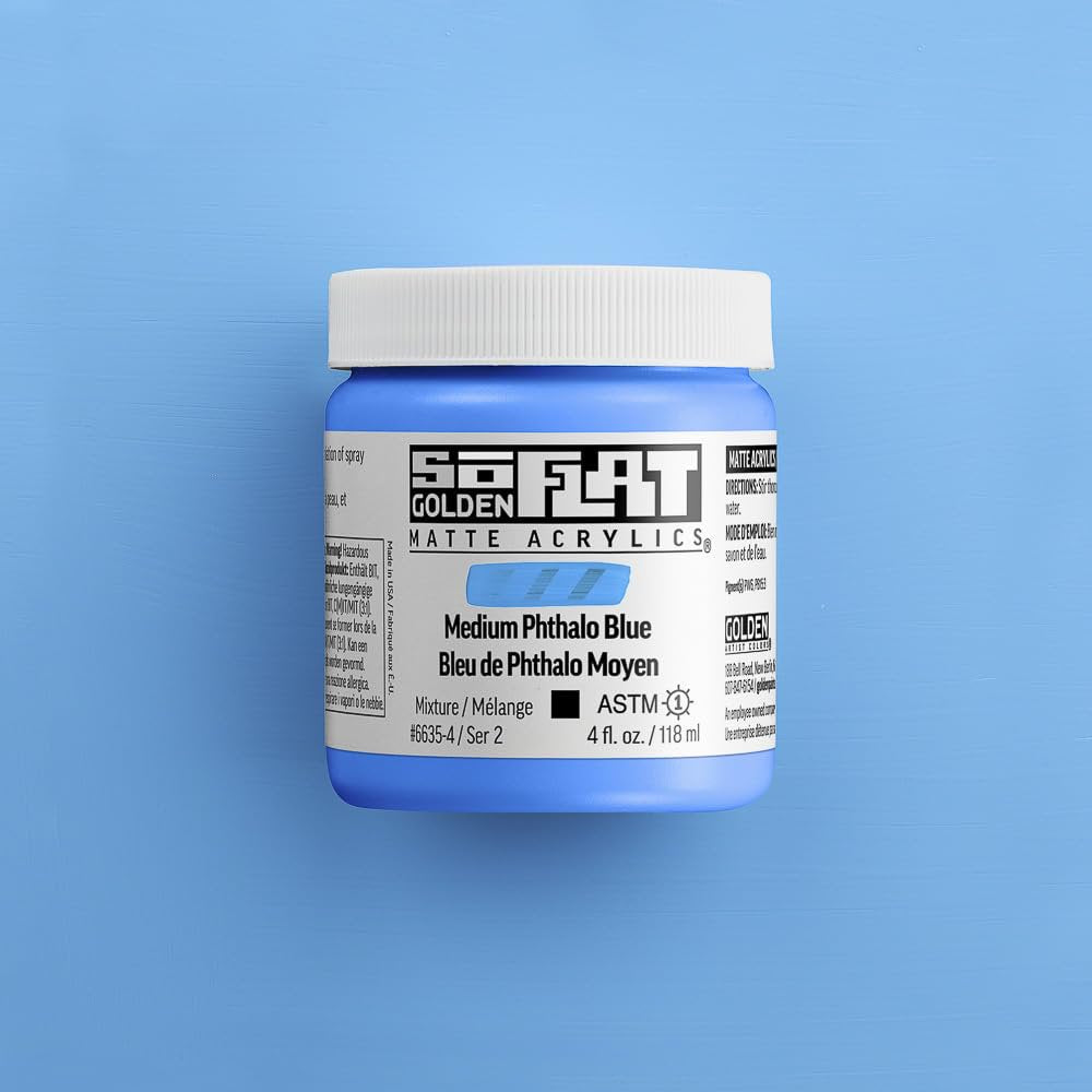 GOLDEN SoFlat Matte Acrylics, Medium Phthalo Blue, 2 fl. oz. Jar, Professional Acrylic Paint, Opaque