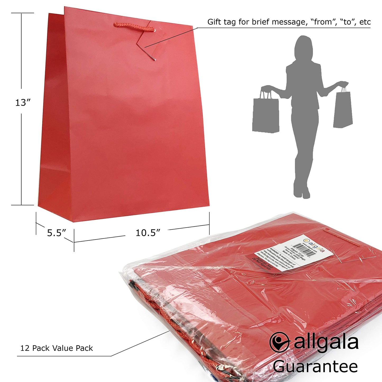allgala Gift Bags, 12 Pack 13x10x5.5 Inch Large Silver Gift Bags with Handles for Birthday, Wedding, Party Supplies, Baby Shower, Holidays, Chirstmas