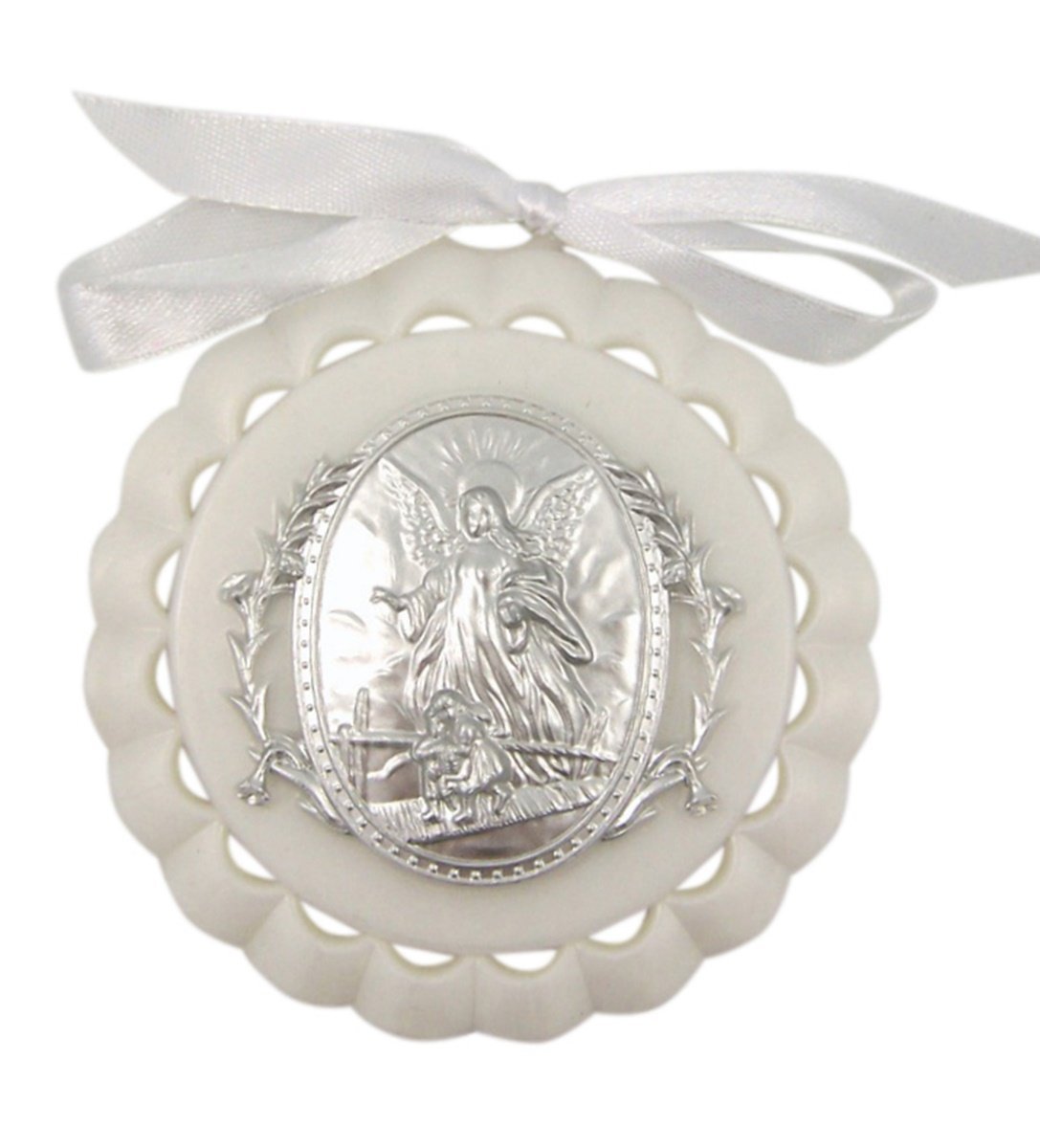 Moulded Acrylic White Crib Medal with Guardian Angel for Baby Nursery Decor, 3 1/2 Inch
