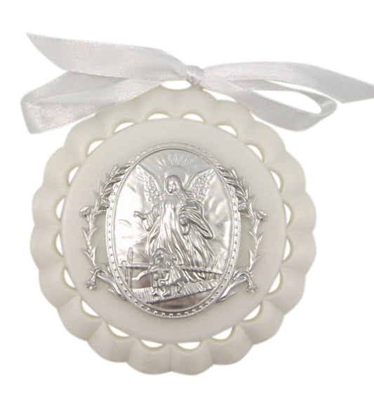 Moulded Acrylic White Crib Medal with Guardian Angel for Baby Nursery Decor, 3 1/2 Inch
