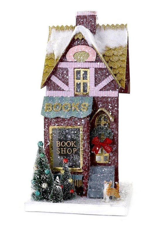 Burgundy Downtown Bookstore Shop with Cat Christmas Village Store House, Multicolor