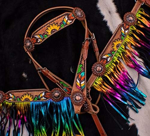 Showman Feather, Sunflower & Cactus Headstall & Breast Collar Set w/Metallic Rainbow Fringe