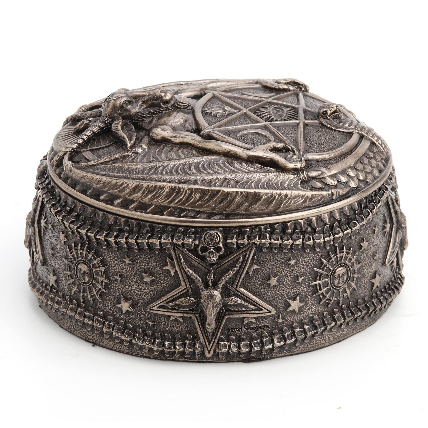 Veronese Design 5 1/4 Inch Wiccan Pentagram Baphomet Oval Shaped Trinket Box Resin Sculpture Bronze Finish