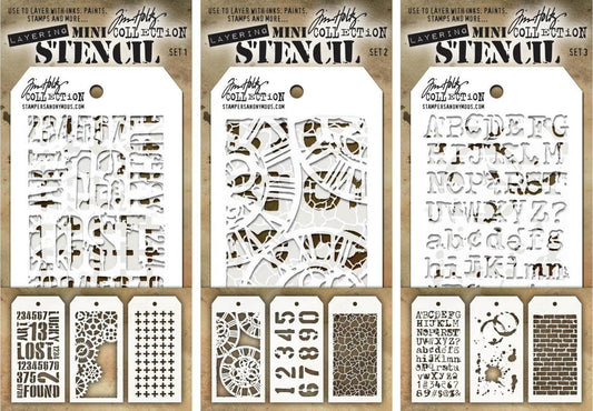 Tim Holtz - Nine Mini Layering Stencils - Industrial, Gears, Plus, Clockwork, Numbered, Crackle, Typo, Splatters and Bricked - aka sets 1, 2 & 3