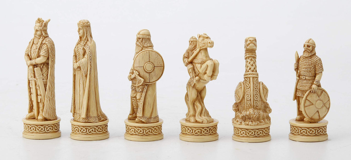 Veronese Design 3 1/4 Inch Viking Chessmen Set Hand Painted Resin Wood Ivory Finish Statue Home Decor