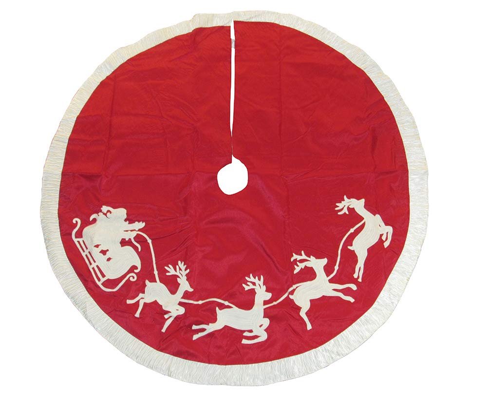Kurt Adler - 50" Red and White Embroidered Santa and Reindeer Tree Skirt