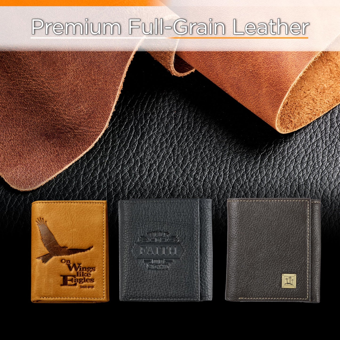 Christian Art Gifts Genuine Premium Full Grain Leather RFID Blocking Silver Engraved Cross Wallet for Men: Multi Pocket Billfold w/Removable ID Window Accessory for Credit Cards, Bills, Photos, Black