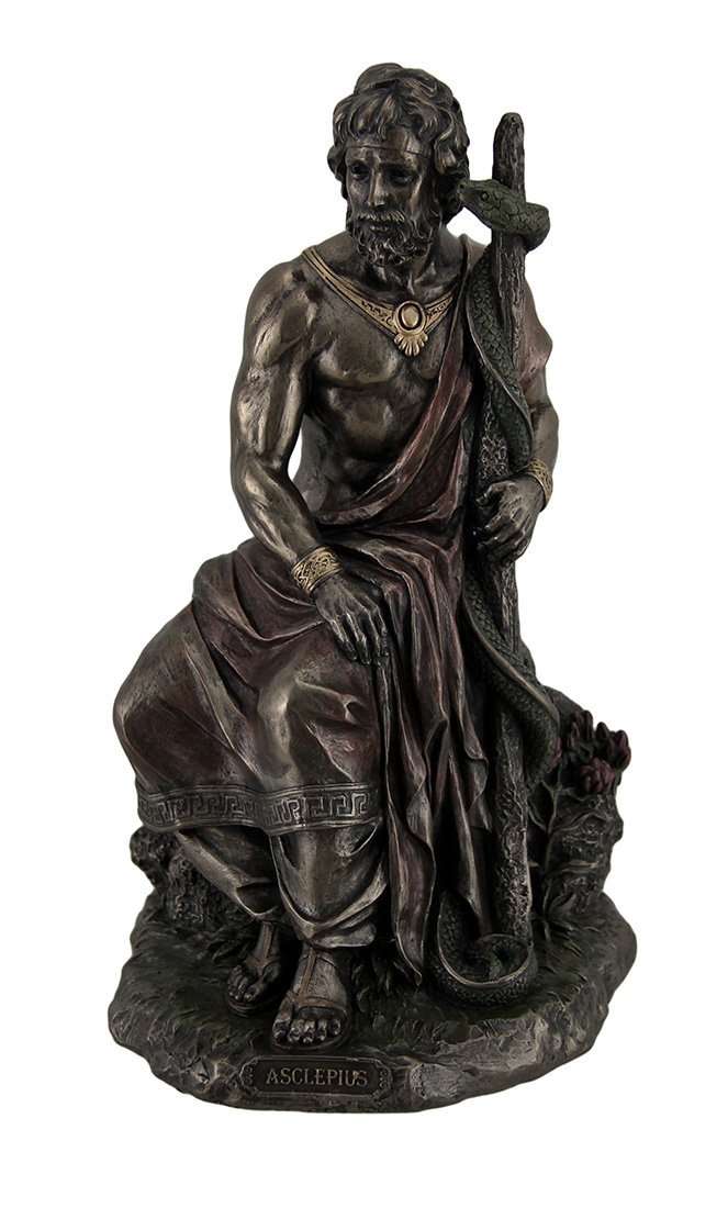 Veronese Design Asclepius Greek God of Medicine Holding Serpent Entwined Staff Bronzed Statue