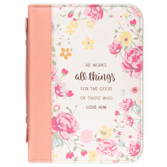 Christian Art Gifts Women's Fashion Bible Cover He Works All Things for Good Romans 8:28, Peach Floral Faux Leather