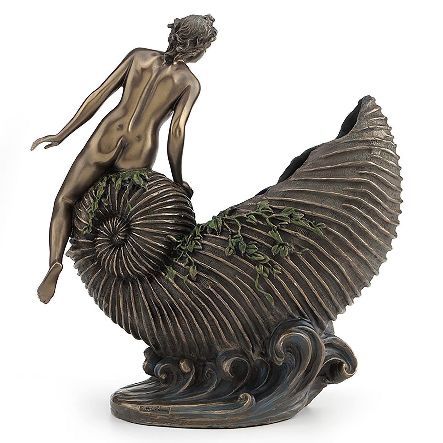 Veronese Design 9 5/8 Art Nouveau Nude Ldy Sitting On Nautilus Shell Container Resin Sculpture Bronze Finish