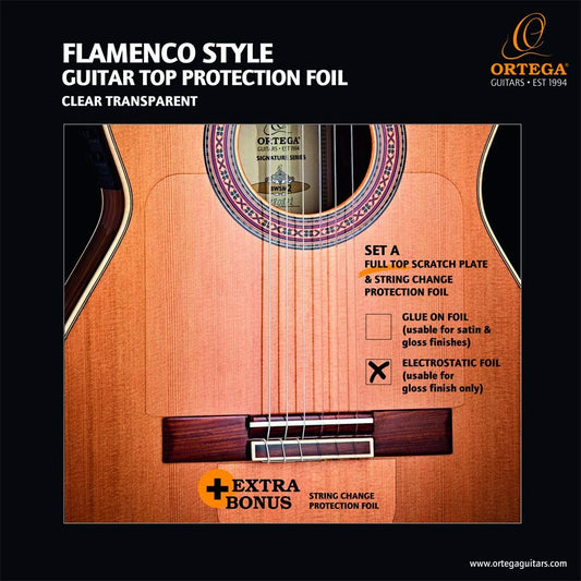 Ortega Guitars Flamenco Full Top Scratch Plate Pickguard w/String Change Foil - Electrostatic - Transparent, Right, Clear (OERP-FLAM1)