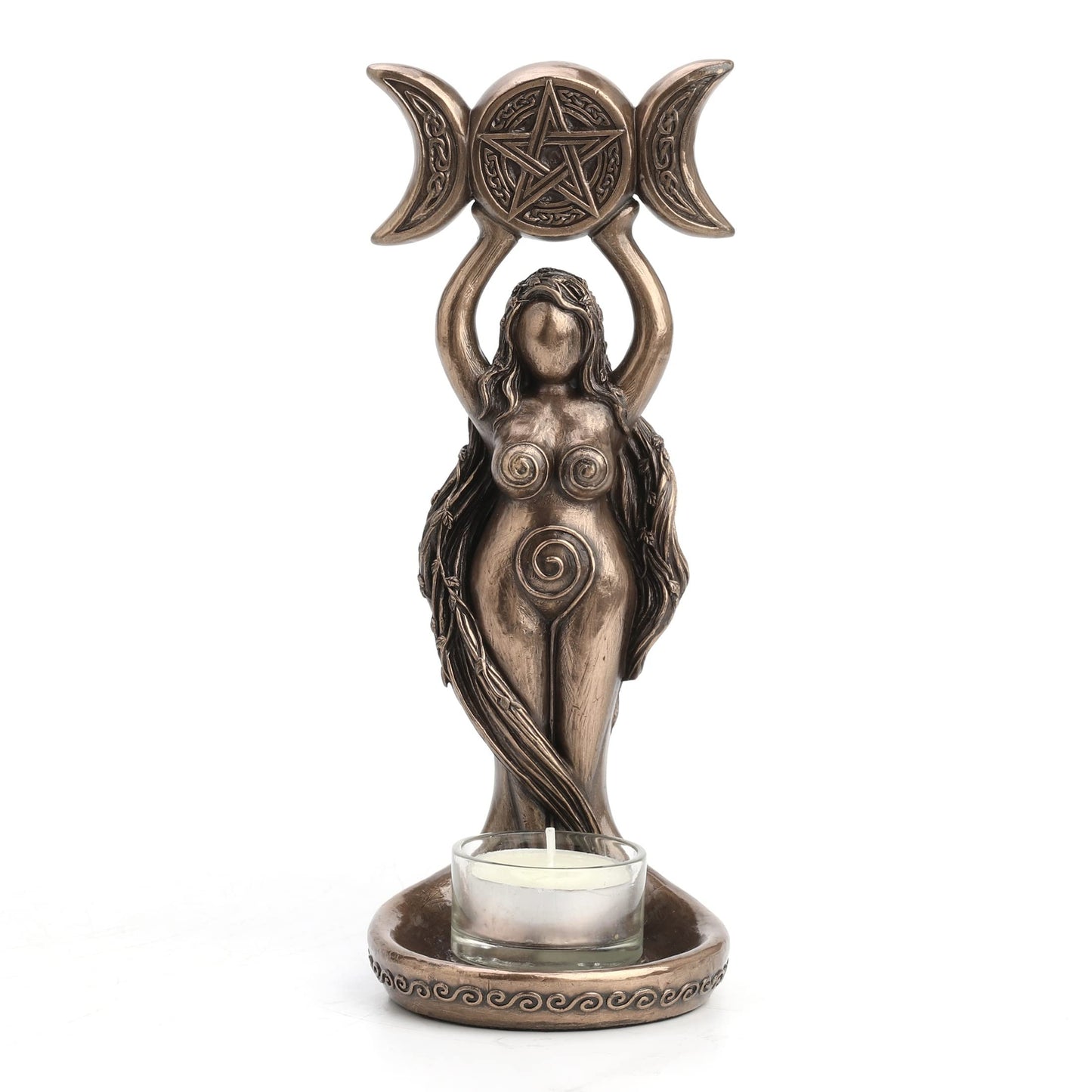 Veronese Design 8 1/2 Inch Tall Triple Moon Goddess Hecate Tealight Candle Holder Resin Statue Bronze Finish