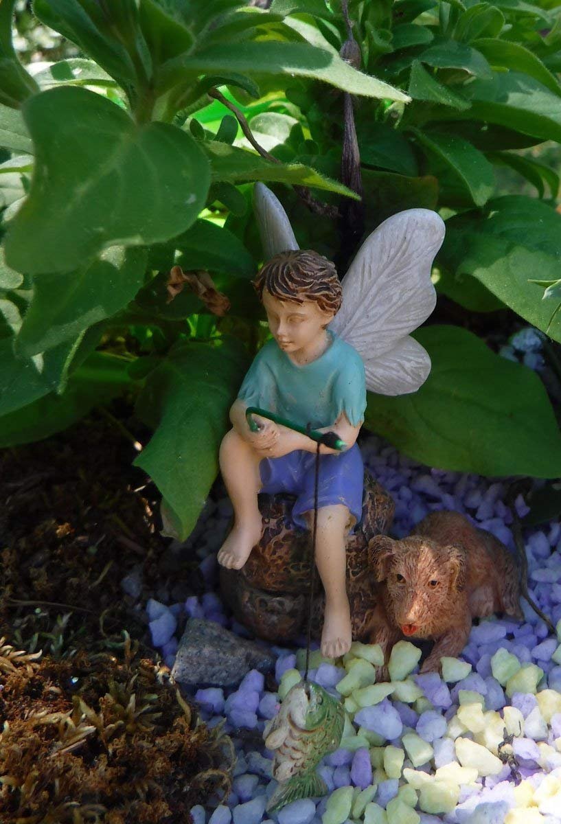 Gone Fishin' Miniature Fairy Garden Boy Fishing w/Dog Figurine
