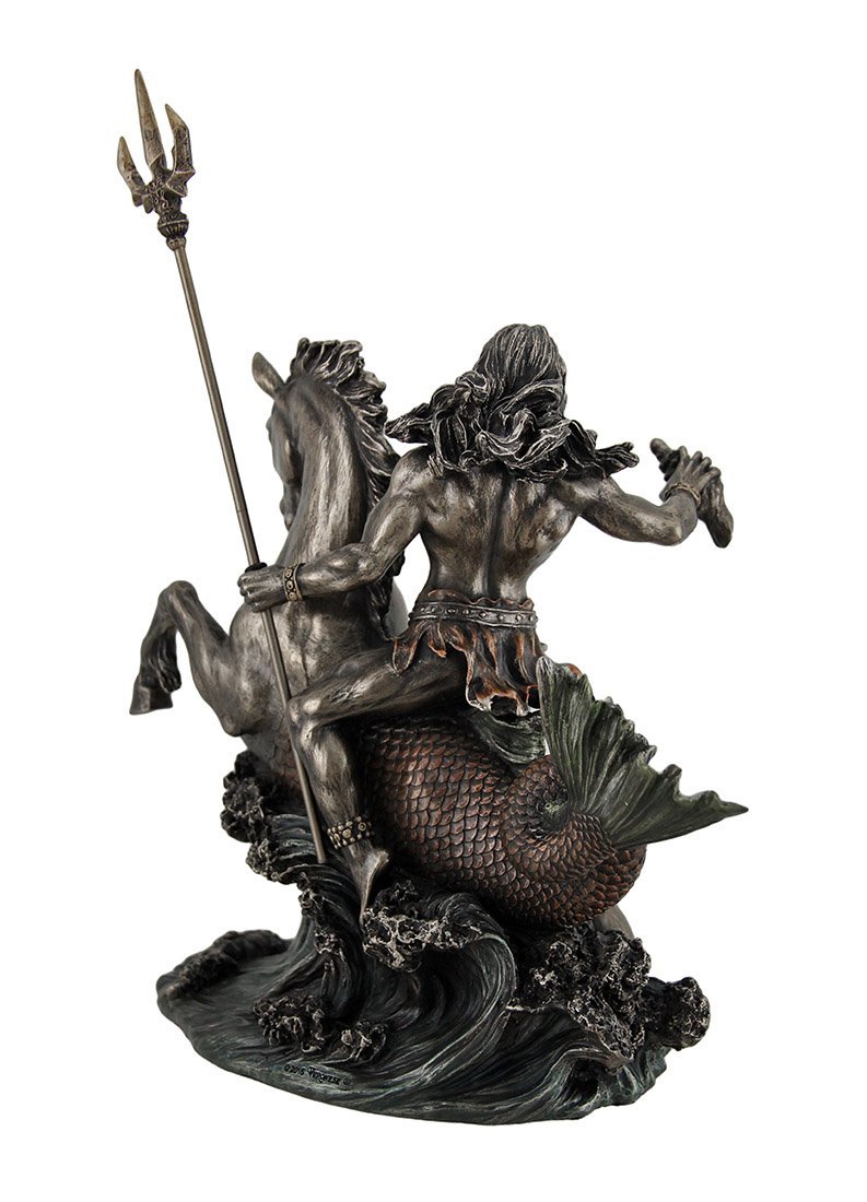 Zeckos Poseidon Greek God of The Sea Holding Trident On Hippocampus Metal Tabletop Statue Dark Brown/Black