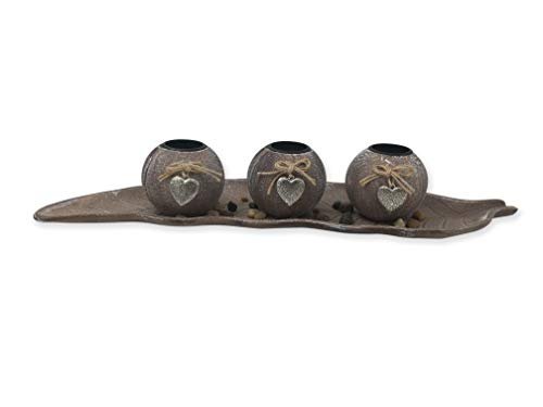 allgala Wooden Candle Holder Tray 3 Ball Orbs Set Tealight Candle Holder Centerpiece with Pebbles on Leaf Tray for Coffee Table Dining Table Accents Bowl for Living Room Décor