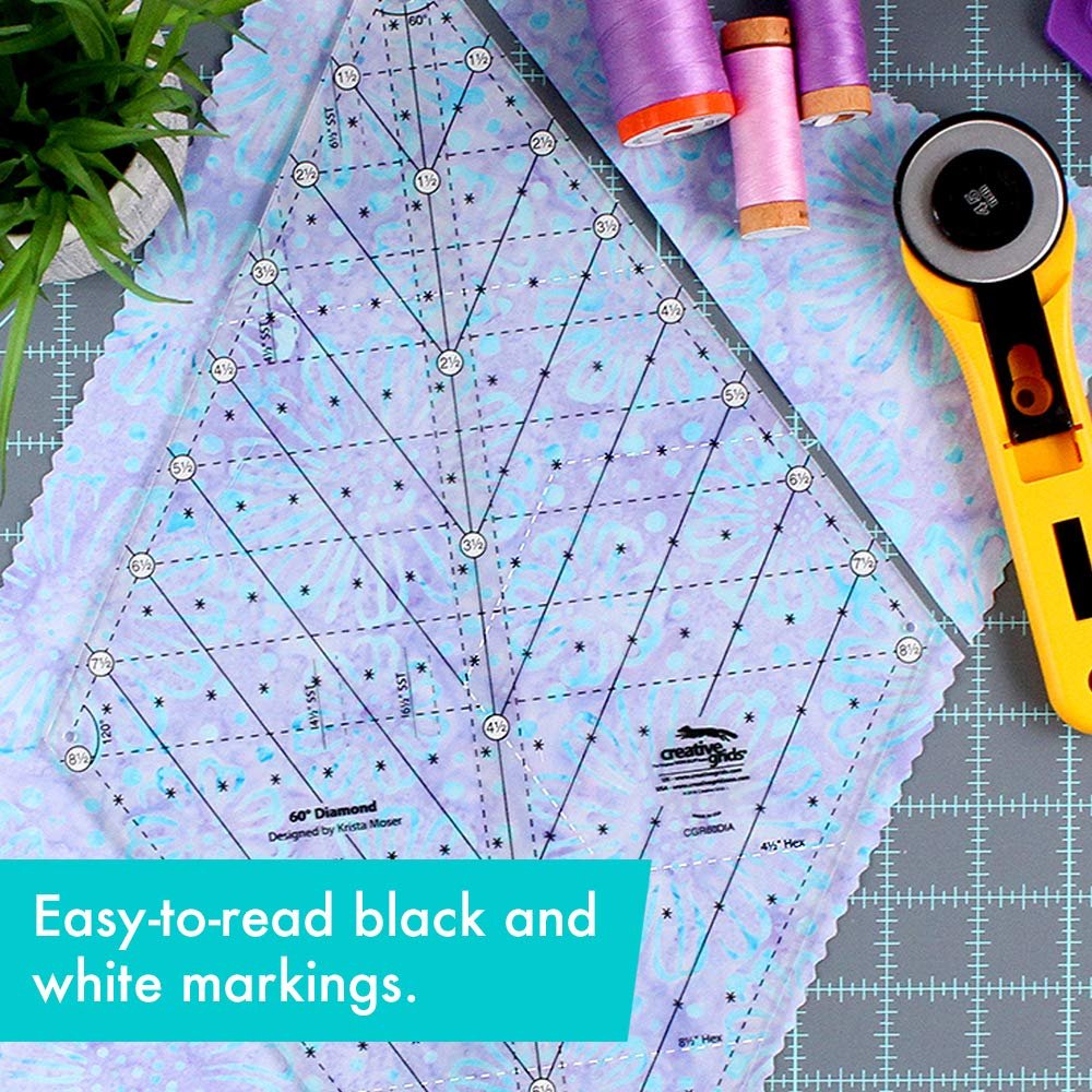 Creative Grids 60 Degree Diamond Ruler – CGR60DIA – Made in USA, Non-Slip Grip Acrylic Quilting, Sewing, Crafting, Patchwork Ruler & Template