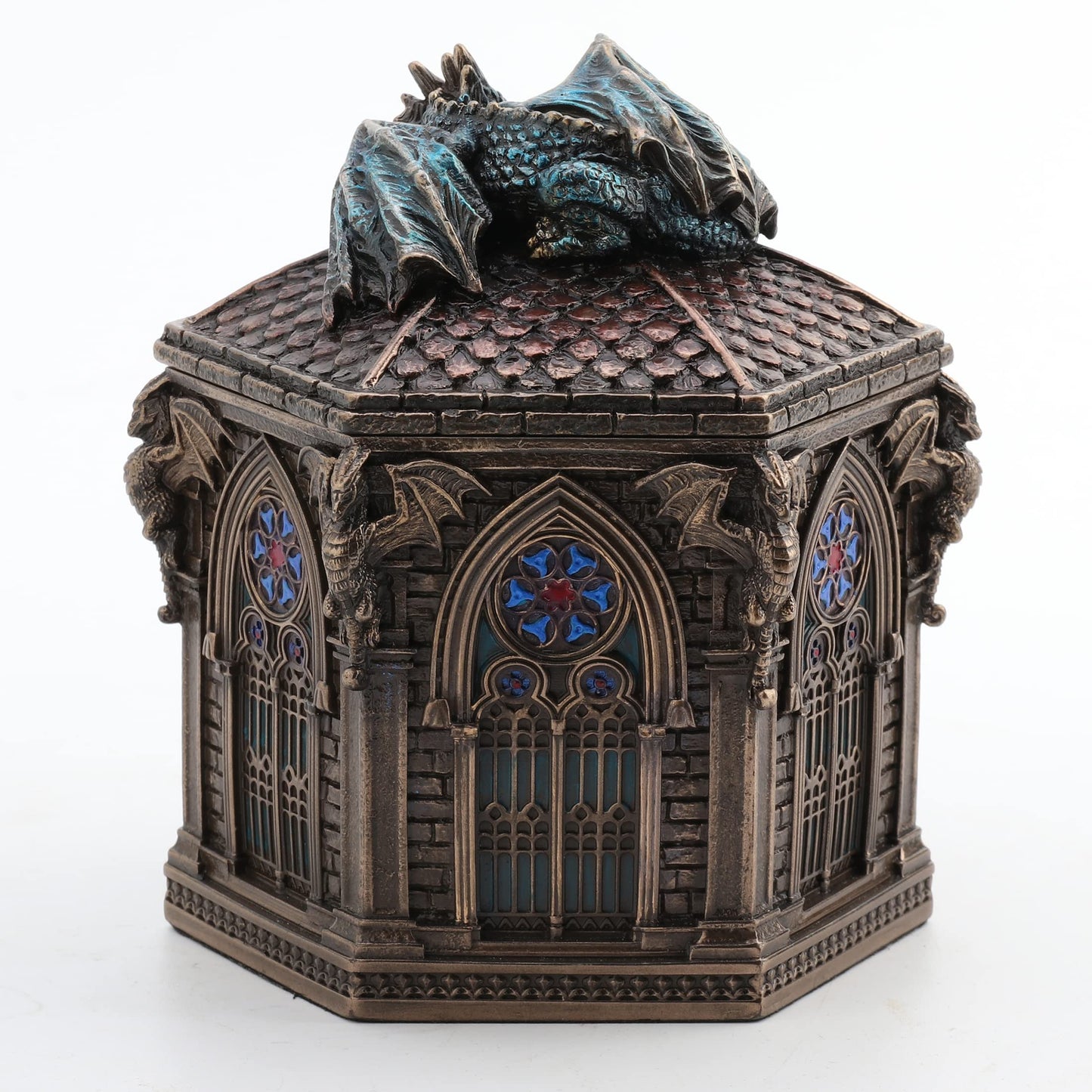 Veronese Design 4 7/8 Inch Resting Cathedral Dragon Hexagon Trinket Box Cold Cast Resin Bronze Finish