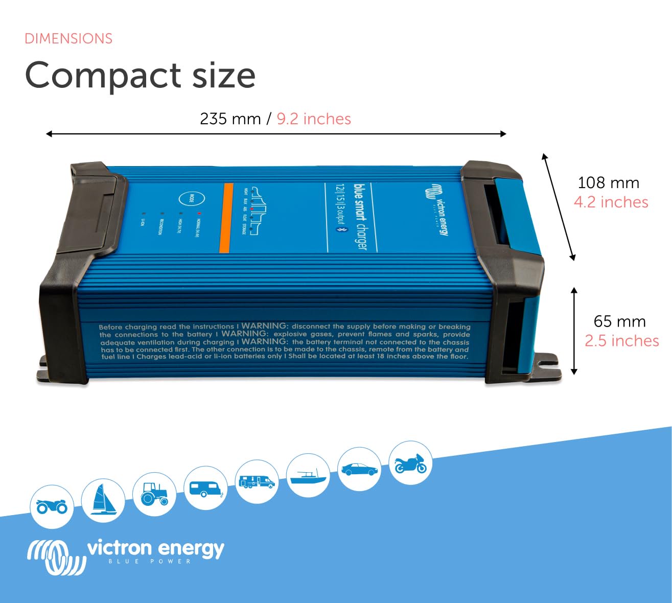 Victron Energy Blue Smart IP22 Smart Car Battery Charger 12V 15A, Float & Trickle Charger and Desulfator for Motorcycle, ATV, RV, Lithium and Deep Cycle Batteries, 3 outputs