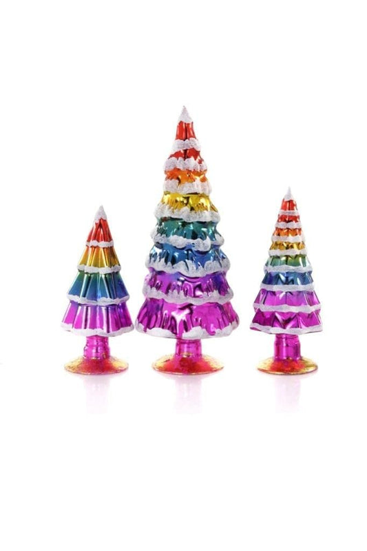 Cody Foster & Co 4"-7" Tall Matte and Mirror Glass Christmas Village Tree Set of 3 Bright Rainbow