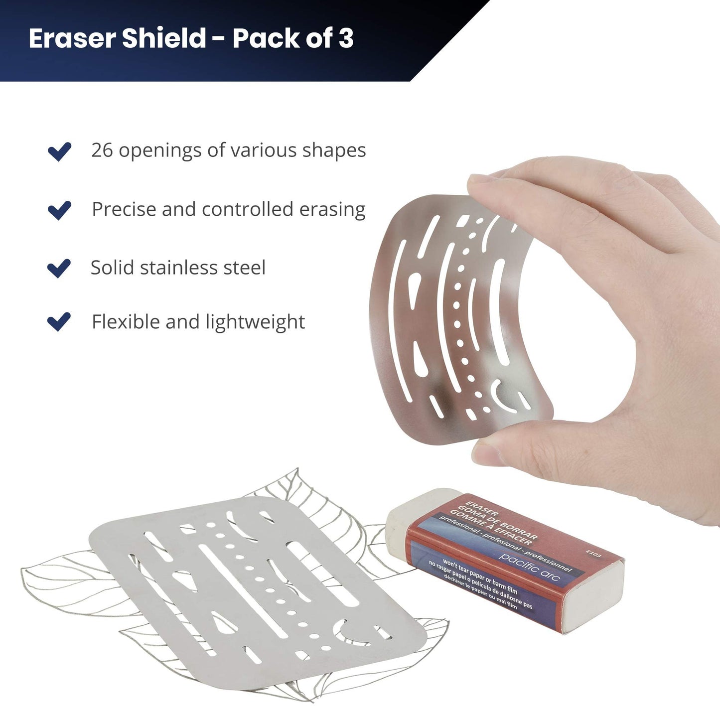 Pacific Arc Professional Erasing Shield Solid Stainless Steel with 26 Openings, 3 Pack