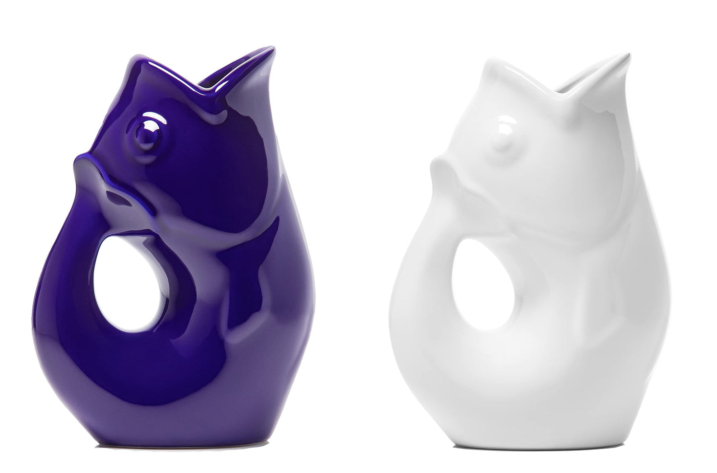 Gurgle Pot Fish Pitchers Large -Set of 2 - Cobalt Blue and Bright White. More than just your average beverage pitcher. Makes a delightful gurgling sound.
