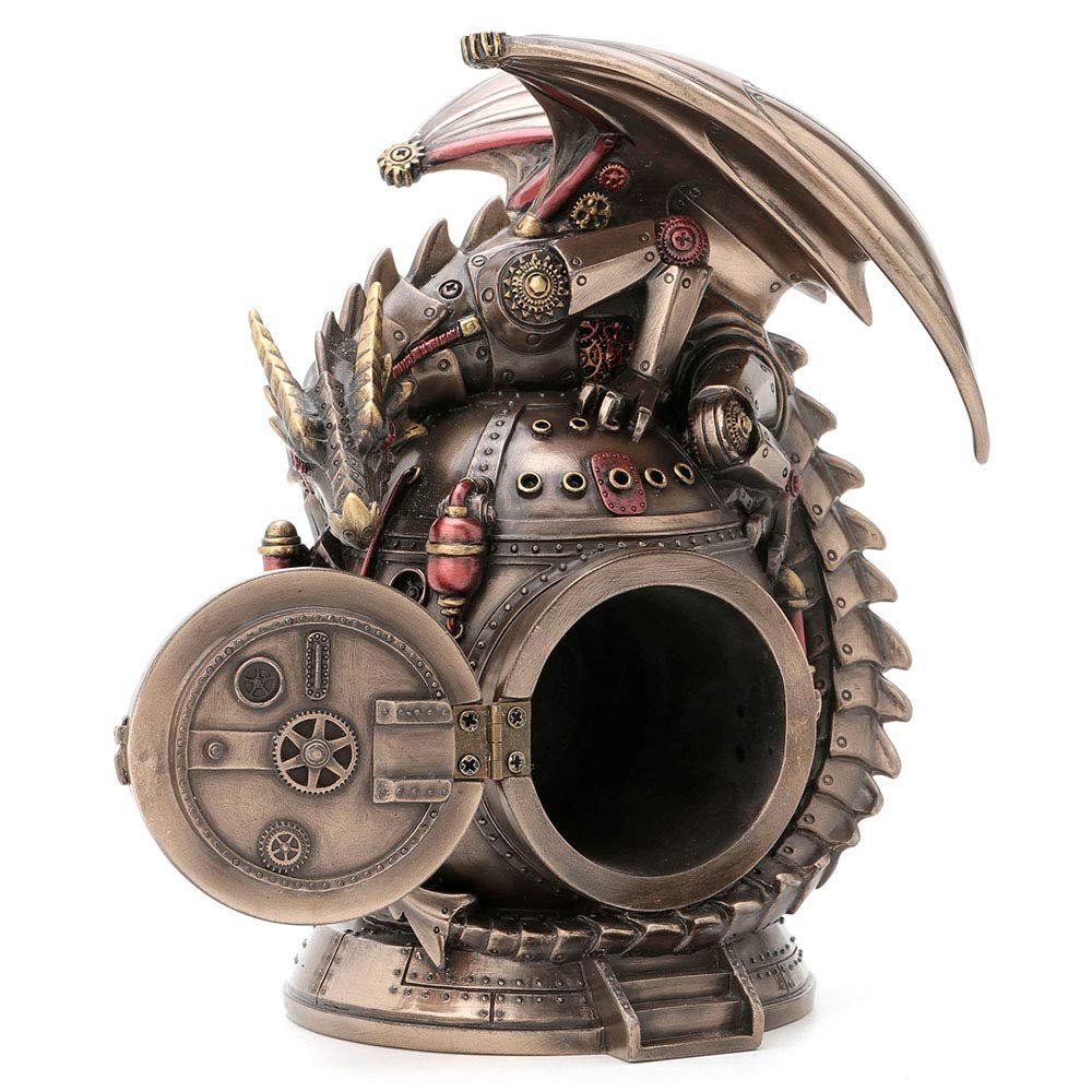 Veronese Design 7 Inch Steampunk Mechanical Dragon Time Machine Bank Vault Trinket Box Clock Cold Cast Resin Bronze Finish