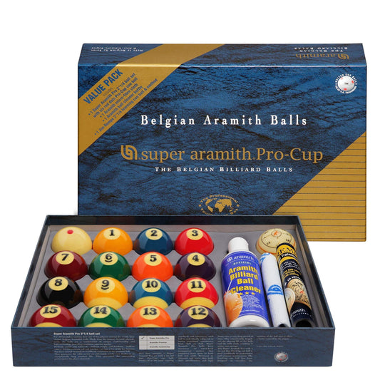 Aramith Super Pro-Cup Value Pack (Super Pro Billiard Pool Ball Set 2 1/4" with Six Red Dots Pro-Cup Cue Ball, Micro-Fibre Cloth, Ball Cleaner, Jim Rempe 2 1/4" Training Ball)