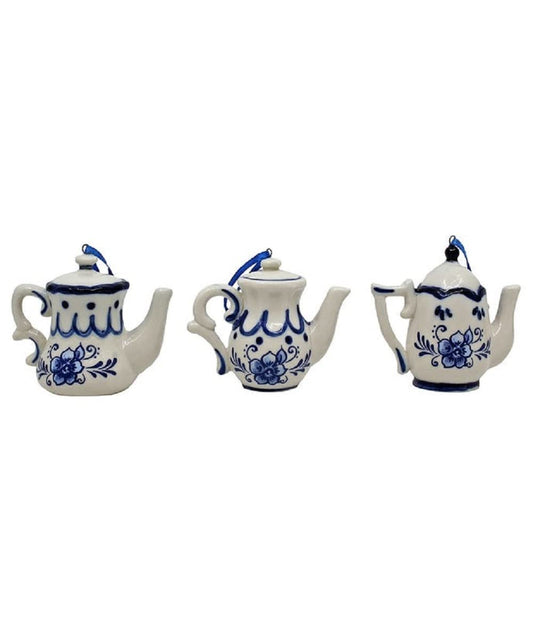Kurt Adler Porcelain Delft Blue Teapot Ornament, Set OF 3 for Christmas