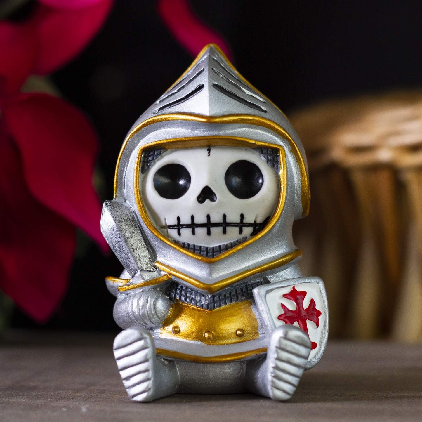 Furrybones Summit Collection Knight Sir in Shining Armor Figurine Decorative Signature Skeleton in Medieval Knight Holding Sword and Shield Costume 3 Inch Tall Collectible Statue