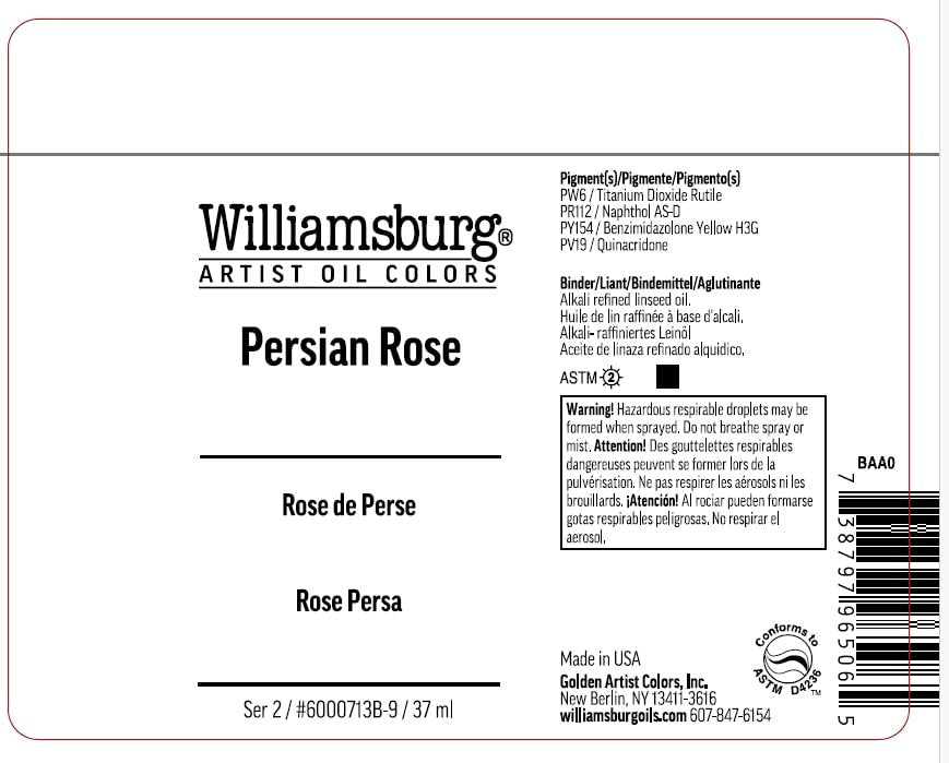 Williamsburg Artist Oil Colors by GOLDEN, Cadmium Red Vermilion, 150 ml tube, Professional Oil Paint, Opaque