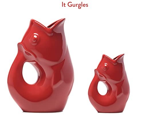 Gurgle Pot Fish Pitcher- Set of 2, Urban Red, French Inspired Design, Large Pitcher 42 oz. with matching 3 oz. Creamer, Perfect Indoor or Outdoor Tableware. 42 Fluid Ounces and 3 Fluid Ounces
