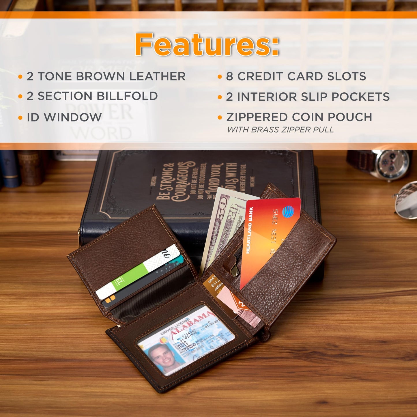 Christian Art Gifts Genuine Premium Full Grain Leather RFID Blocking Silver Engraved Cross Wallet for Men: Multi Pocket Billfold w/Removable ID Window Accessory for Credit Cards, Bills, Photos, Black