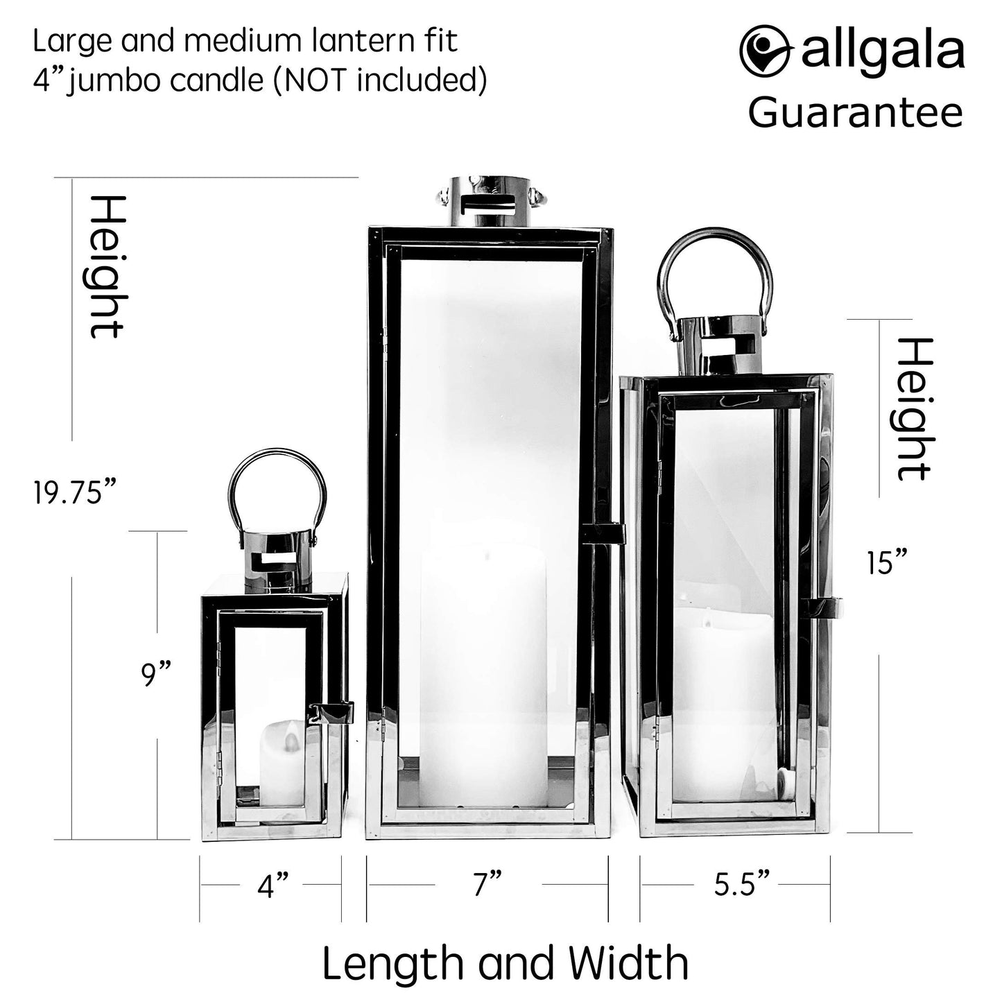Allgala Lantern Set 3-PC Jumbo Deluxe Modern Indoor/Outdoor Candle Lantern Set with Chrome Plated Structure and Tempered Glass for Garden Poolside Fireplace Wedding