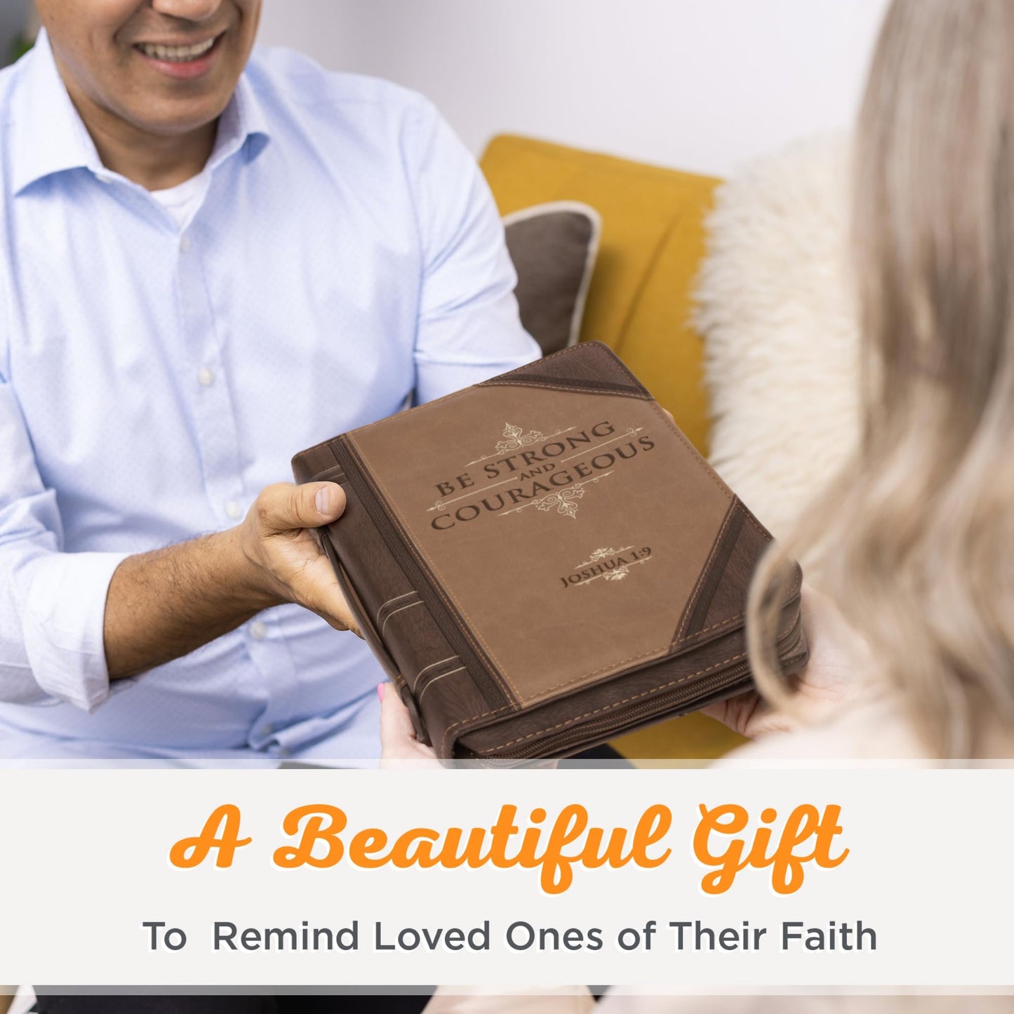 Christian Art Gifts Men's Classic Bible Cover Be Strong and Courageous Joshua 1:9, Brown Faux Leather