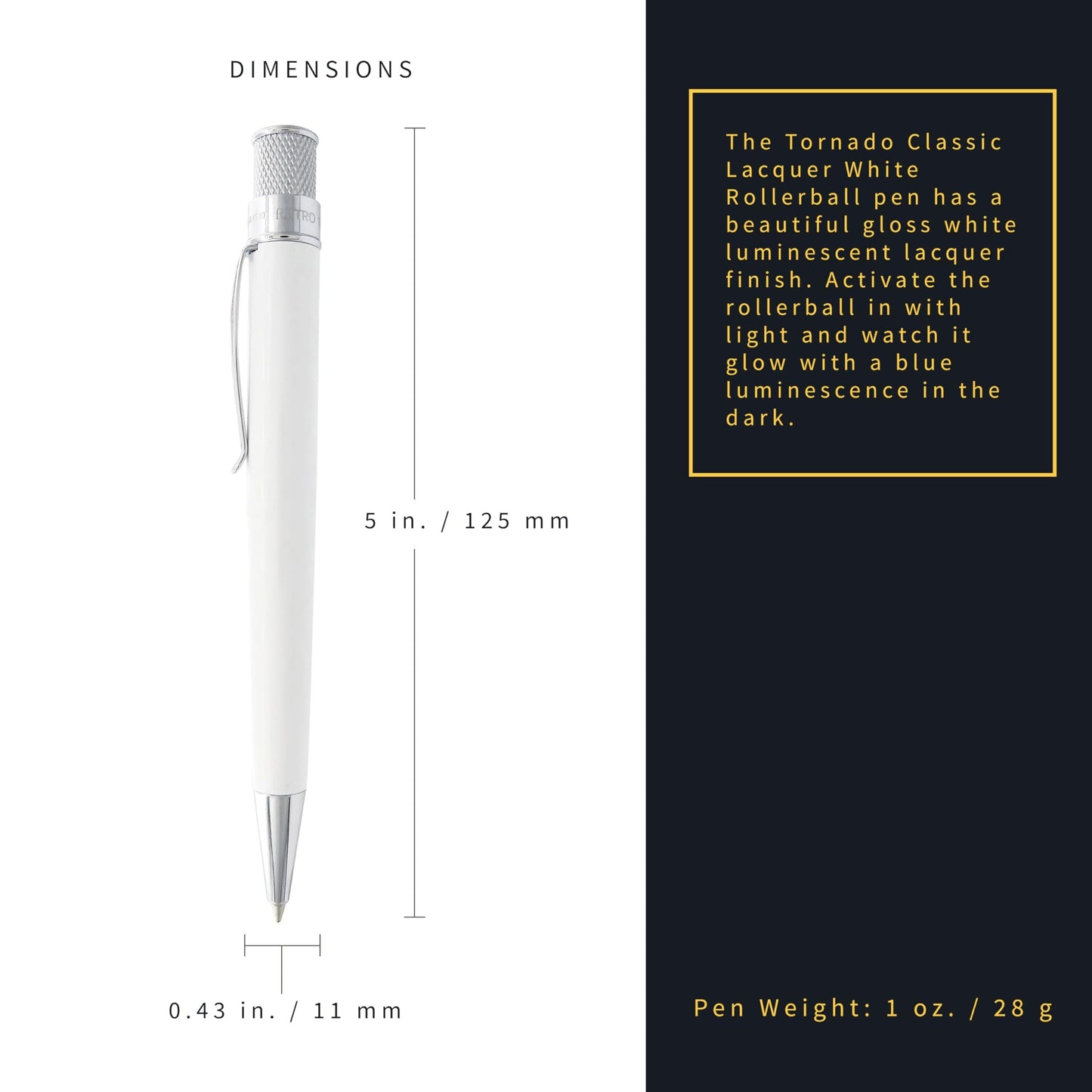 Retro 1951 Tornado™ Classic Lacquer Rollerball Pen - White | Glow-in-the-Dark