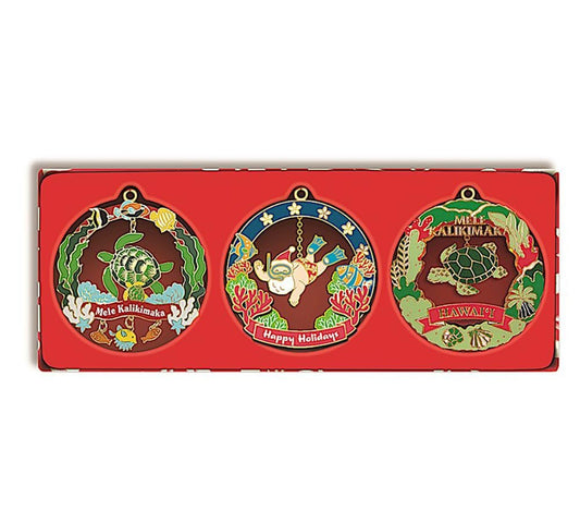 Hawaiian Island Style Holiday 3 pack Collectible Metal Ornaments - Mele Sea Life, Snorkeling Santa, Honu Turtle