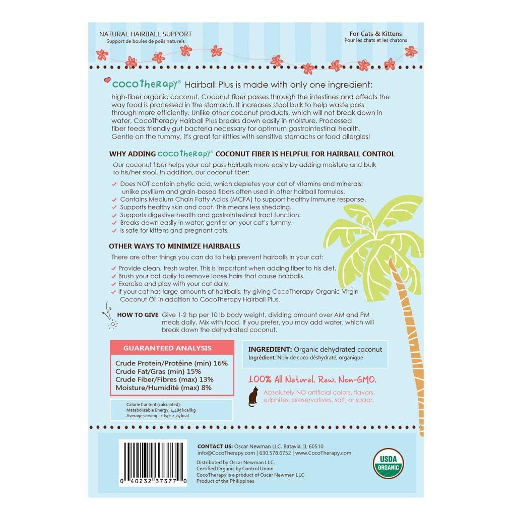 CocoTherapy 3 Pack of Hairball Plus Fiber Cat Food Topper, 7 Ounces Each, USDA Organic