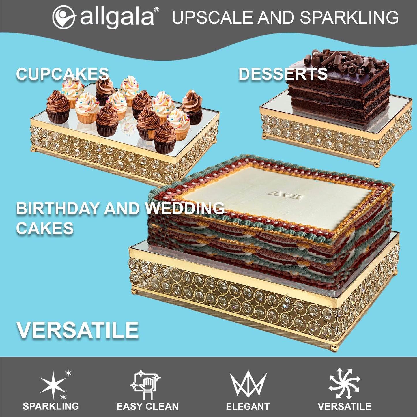 Allgala 3 Piece Set Crystal Gold Plated Dessert Cheese Cupcake Cake Stand with Mirror Plate