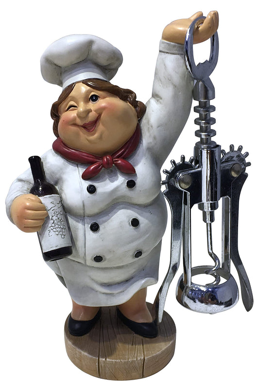 Winking Fat Lady Italian Chef Wine Bottle Cork Opener, Funny Handmade Novelty Figurine 7.5” Tall