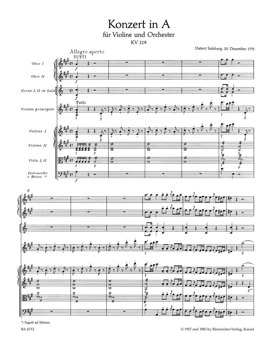 Mozart: Violin Concerto No. 5 in A Major, K. 219 (Full Score)