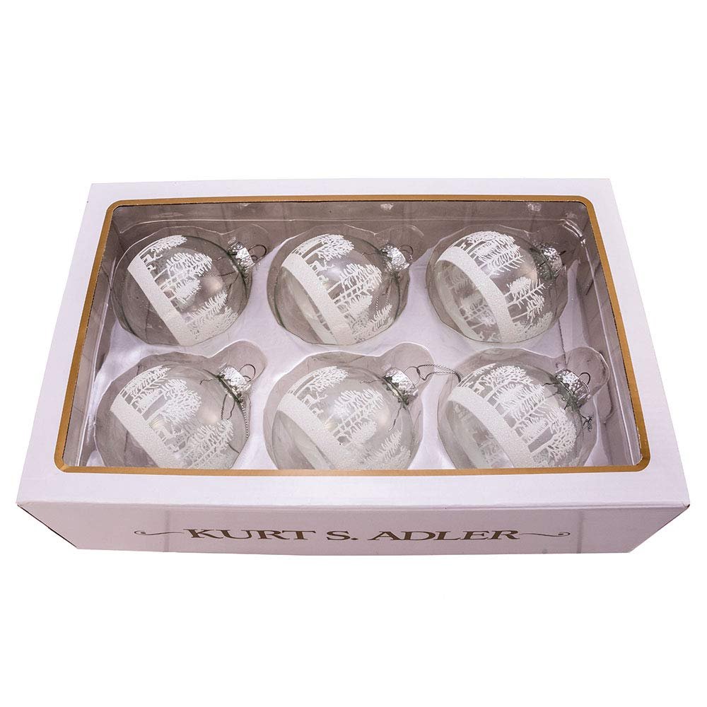Kurt Adler 80MM Clear with White Tree Design Glass Ball Ornaments, 6 Piece Box
